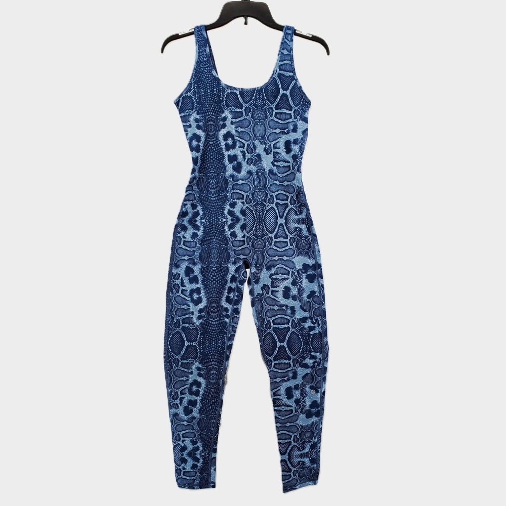 Ethika Womens Medium Full Romper Navy‎ Blue Snakeskin Print Bodysuit Stretch New
